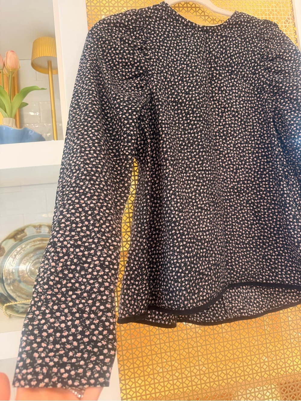 Tish Cox Medium Black Long-Sleeve pink micro Floral print! EUC! 100% cotton - Picture 6 of 7